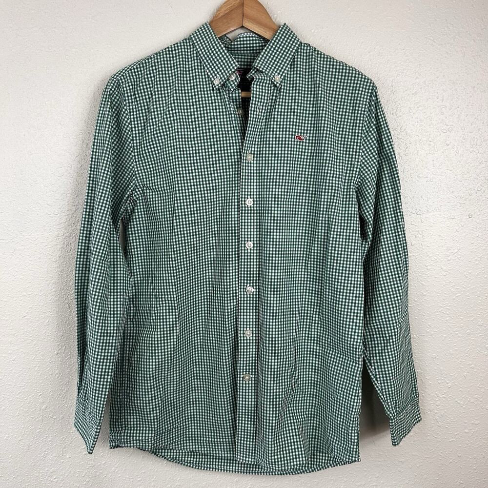 Vineyard Vines Green Gingham Whale Logo Long Sleeve Button Down Shirt Boys L 16